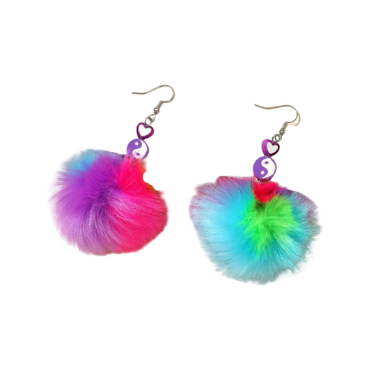 Earrings - Big Fluffy Pompom drops, Multicoloured Yinyang