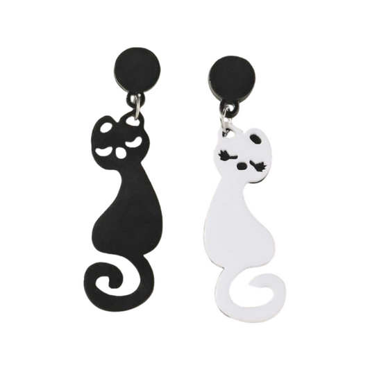 Earrings - Mismatched black and white cat drops