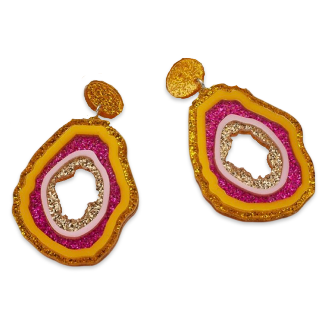 Earrings - Pink & Yellow Glitter Geode drops